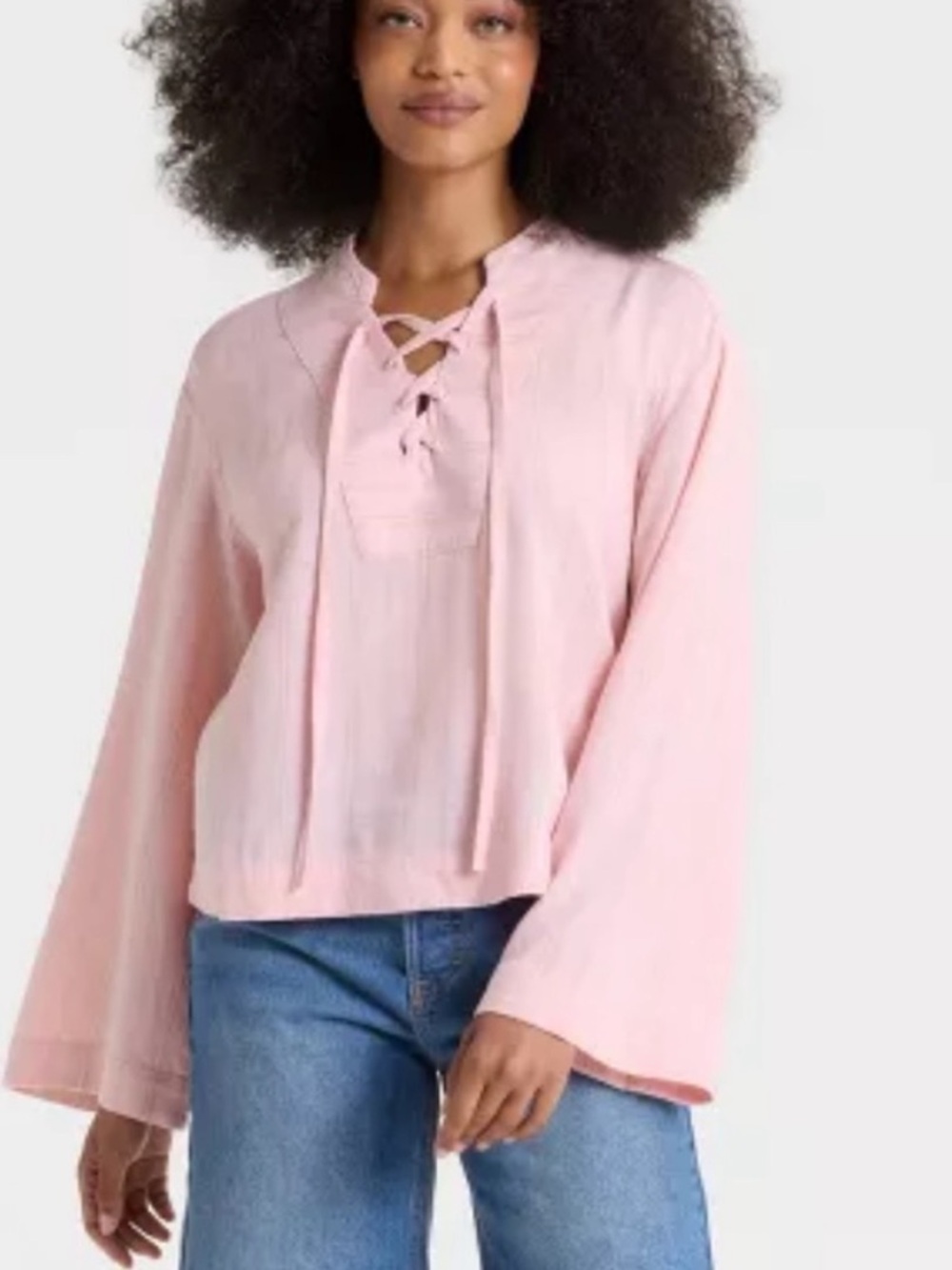 Universal Thread NWT XS (SM) Light Pink Lace-Up Bell Sleeve linen blend Tunic